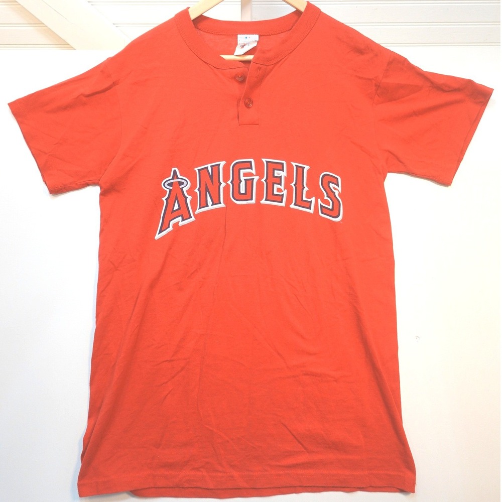 Vintage Los Angeles Angels T-shirt Men's Medium Majestic Red Henley Tee No. 12
